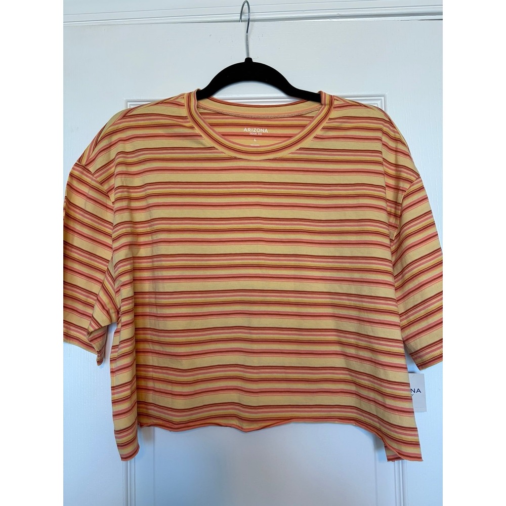Arizona Jean Co Womens Yellow Summer Stripe Crop Top Short Sleeve Tee Large NWT